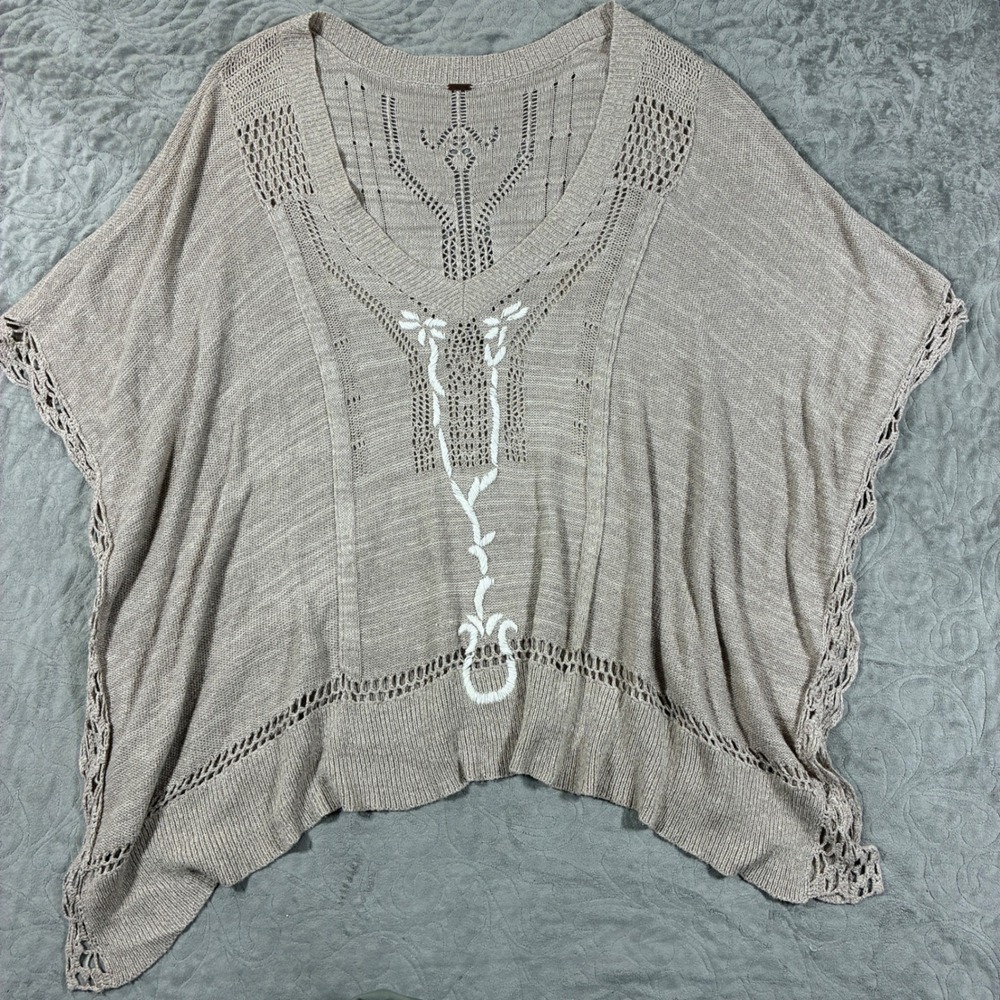 Free People Knit Crochet Poncho Kaftan Size M Oversized Earthy Country Cowgirl